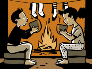 illustration d'enfants devant un feu de cheminée