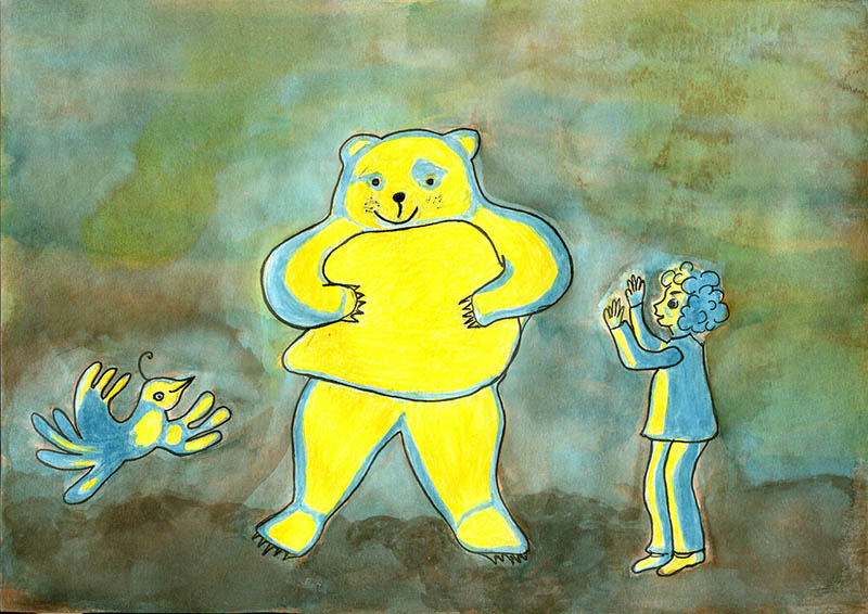 Illustration d'un ours jouant avac un enfant et un oideau